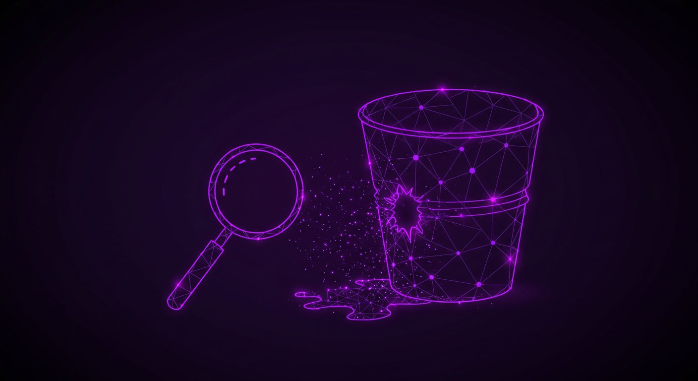 A magnifying glass hovering over a leaking bucket